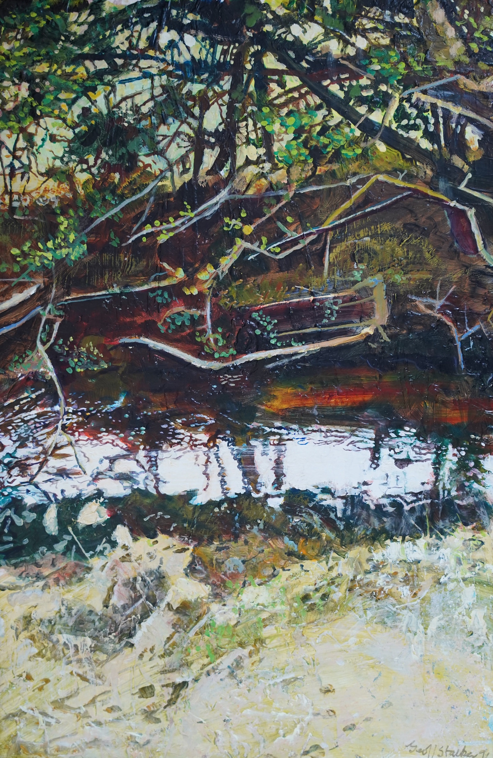 Geoff Stalker (b.1948), oil on board, Reflection of trees in a stream, signed and dated '96, 45 x 29cm